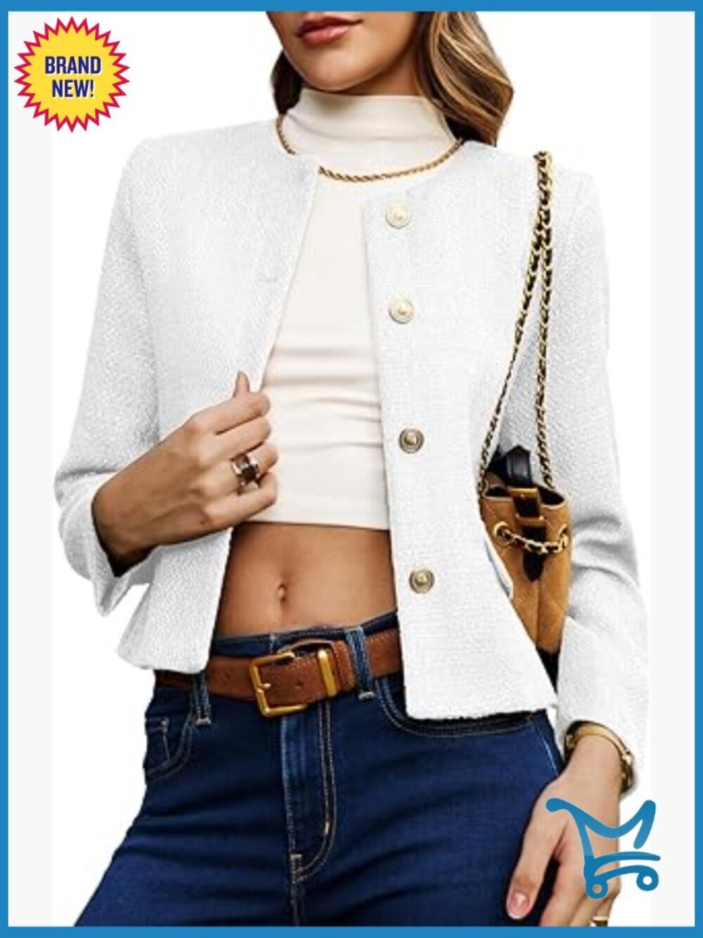 Cropped Tweed Blazer Collarless Button Down Jacket Business Casual Flap Pockets